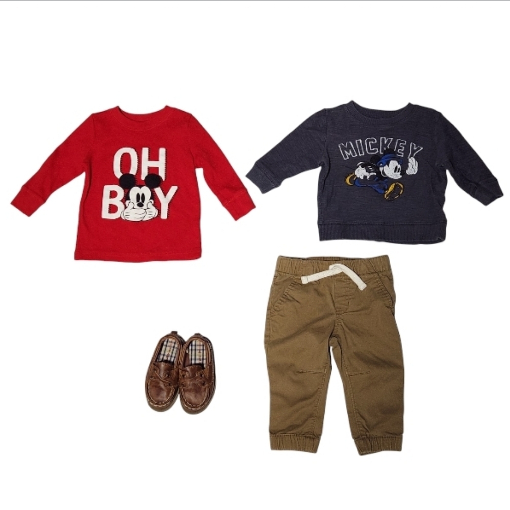 2 Disney Mickey Mouse shirts w/ Khaki pants and brown Carter shoes 4pc Lot